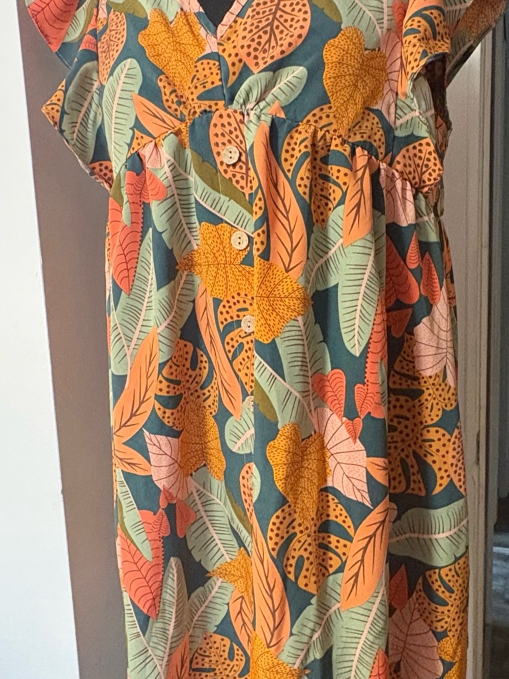 SHEIN Tropical Leaf Print Summer Midi Dress in Teal, Coral & Mustard